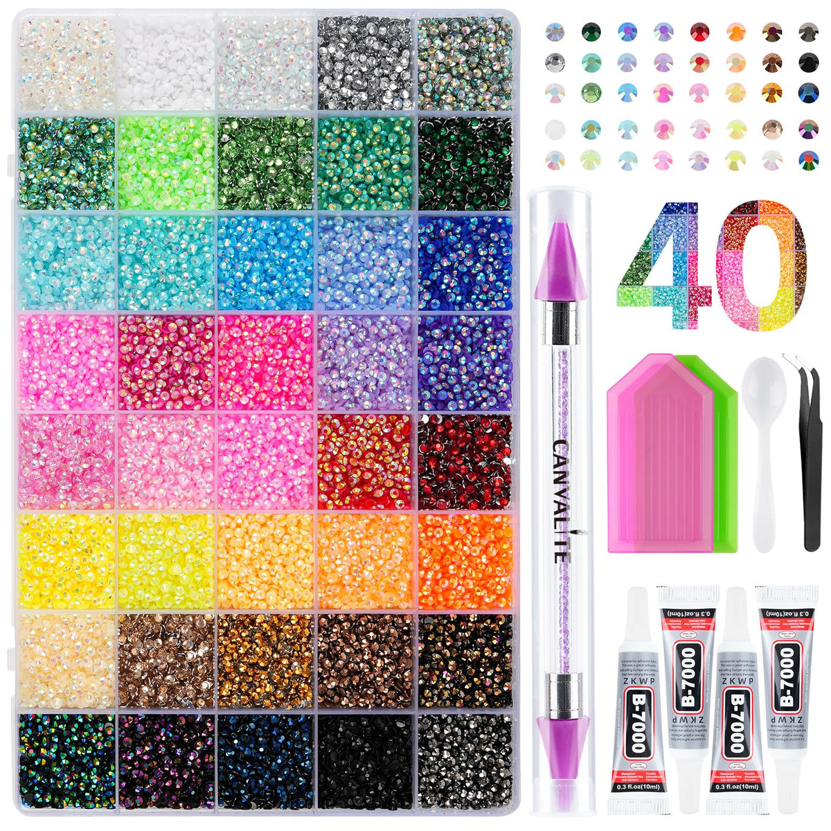 Canvalite 40 Colors Bedazzling Kit, 35000 Pcs 3mm Resin Jelly Rhinestones | Flatback gems, with B7000 glue, tweezers and pickup pen, for nail art, clothing, shoes, phone cases and diamond art crafts