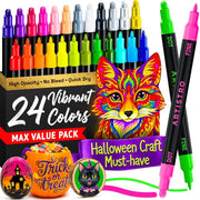 ARTISTRO 24 Acrylic Paint Pens Dual-Tip Dot+Fine for Rock, Glass & Fabric | Precision Colour for Colouring Books & Small Details, Water-Based, Quick-Dry & Low-Odour, Art Gift for Kids, Teens & Adults