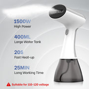 GS01 Handheld Clothes Steamer, 400ml Large Water Tank 1500W Fast Heat Up Portable Travel Wrinkle Remover (White-Grey)