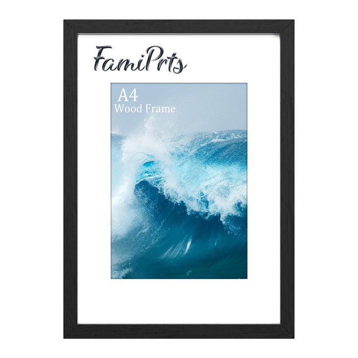 A4 Frame, Black Wooden A4 Picture Frames, with A5 Mount Photo Frames | Dual Orientation (Landscape/Portrait), Includes Wall Hooks - Wall Mount for Home, Office, Gallery