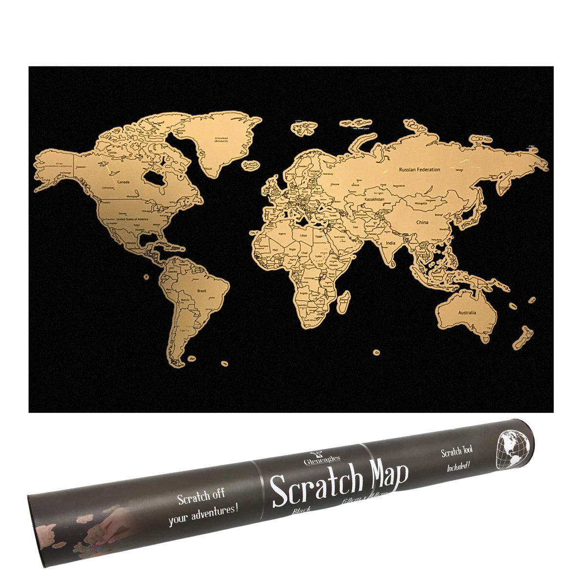 Gleneagles Scratch Off World Map Poster - Travel Tracker, Black & Gold | Reveal Countries as You Travel, A1 Adventure Wall Map, Bucket List Gift for Him or Her
