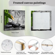 Canvas Wall Art Set of 4 Framed Zen Spa Bamboo Stone Prints, Wall Art for Living Room Bedroom Hallway Study, HD Moisture-Resistant Artwork with Velcro & Pre-Installed Hooks, No Drilling, 30 x 30 cm