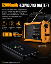 Emergency Radio with Hand Crank & Solar, NOAA Weather Band, AM/FM, 12000mAh | 8500mm² Solar Panel, Clear AM/FM Reception, 5W Flashlight & Reading Light, 120dB SOS, Phone Charging for Hurricanes & Outages