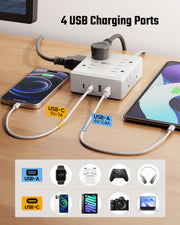 SUPERDANNY Extension Cord,Flat Plug Surge Protector Power Strip,10Ft | 8 AC & 4 USB Ports (2 USB C),Surge Protector with 1050J,Desk Charging Station for Home Office,College Dorm Room Essentials