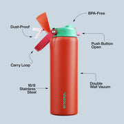Insulated Water Bottle with Straw - Encool Stainless Steel Water Bottle with Push Button Lid, Leak-Proof & BPA-Free, Keeps Cold for 24 Hours for Sports, Travel, Gym (32 oz, Grapefruit Red)
