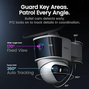 aosu T2 Pro 3K Dual Cam Outdoor Security Camera, Solar Powered, AI Tracking | 170° Wide & 360° PTZ, No Blind Spots, Local Storage ,Full Color Night Vision,AI Human Vehicle Tracking, 8X Zoom