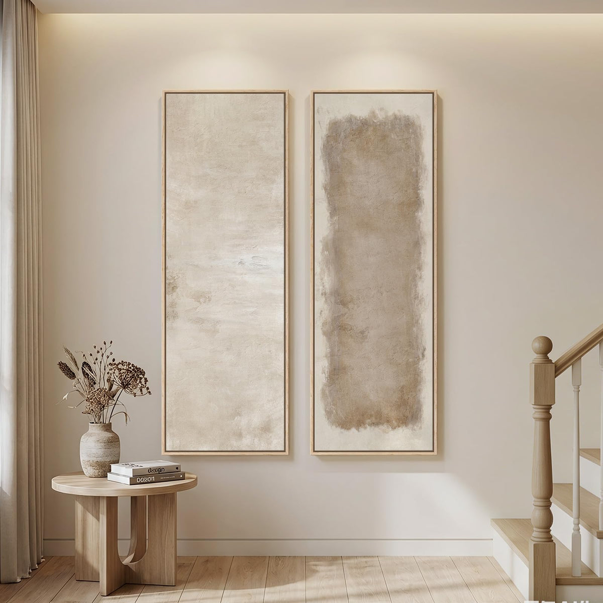 Large Framed Beige Cream Abstract Vertical Wall Art for Hallway, 2 Piece | Long narrow, Large size, Canvas prints, Neutral minimalist pictures, Vertical, Wood frame, Living room,Entryway wall decor