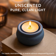 CUQOO Tea Lights Candles 50 Pack | 8 Hour Burn Unscented Tealights White | SMOKELESS WAX BURNER: long lasting · t lights · vegan · cotton wick · wedding decor · spa · religious