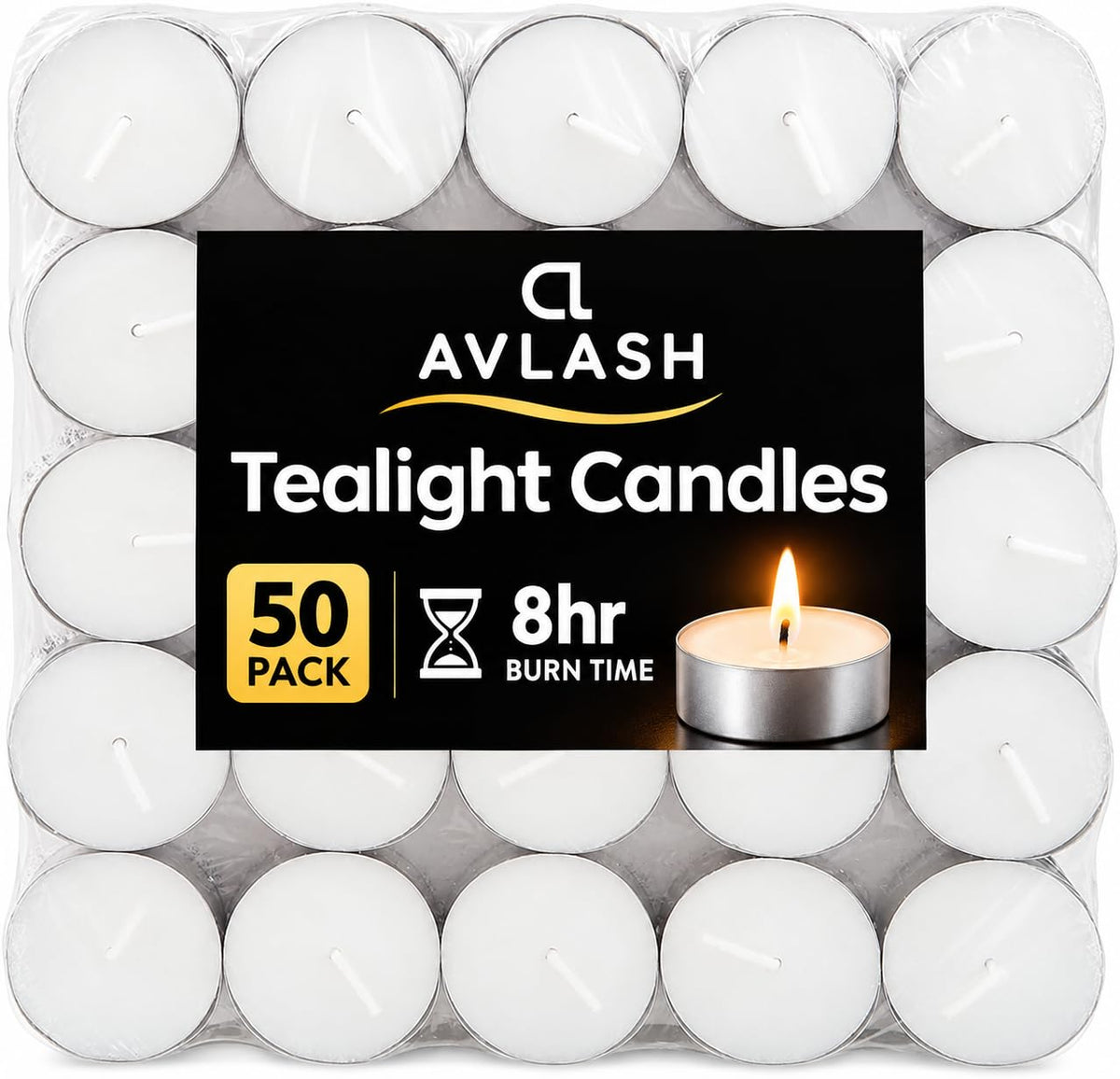 Avlash ® 8 Hour Tea Light Candles Pack of 50-8 Hour Burn Time - Shrink Wrapped, Unscented Tea Lights - White