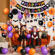 Fecedy Happy Halloween Banner Triangular bunting Paper flower fans Circle garland Latex balloons Swirls for Halloween Party decoration Indoor Outdoor Wall Door Decoration