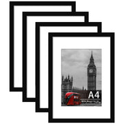 Tinkeps A4 Picture Frame, Black, 4 Pack | Engineered Wood and Plexiglass, A4 Frame with Mount for A5 Prints, Photos, and Posters, Tabletop and Wall Mountable