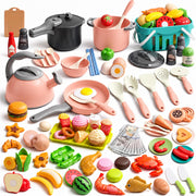130Pcs Kitchen Playset, Toddler Pretend Cooking Play Pots, Pans, Utensils Cookware, Daily Food Fruit Veges, Shopping Storage Basket, Dessert, Prop Money, Learning Gift for Child (Pink)