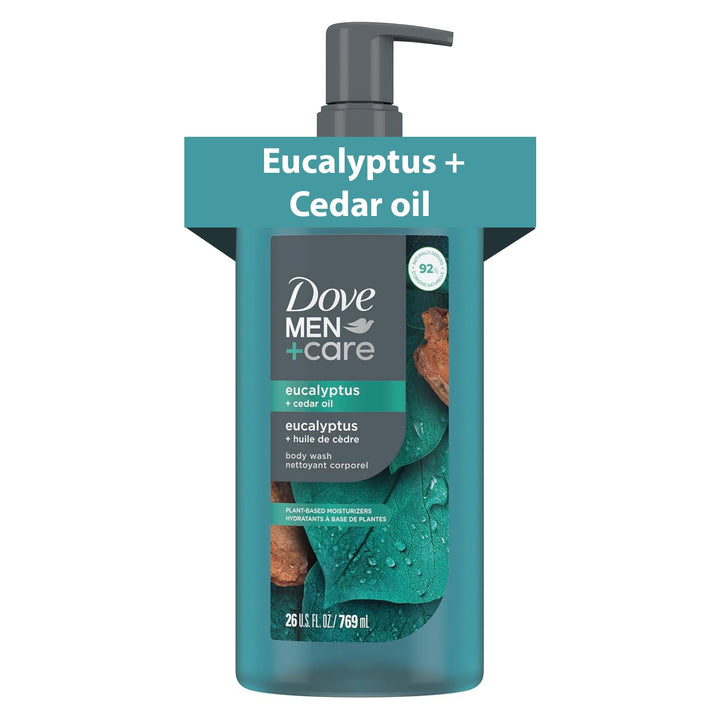 DOVE MEN Moisturizing Body Wash for Men, Eucalyptus + Cedar Oil, 26oz | Plant-Based Cleansers, Sulfate, Paraben and Dye Free, Strengthens the Skin Barrier, Eucalyptus and Cedar Scent