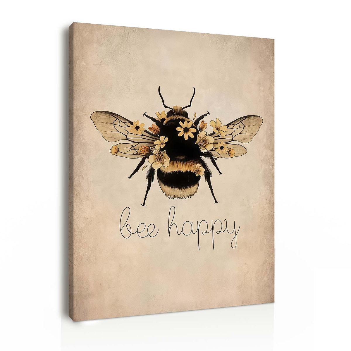 Framed Canvas Wall Art 12x16 Inch Bee Happy Inspirational Quote Artwork Rustic Bee Picture Modern Wall Canvas for Living Room Bedroom Hallway and Stairs Wall Decoration Prints with Hooks Magic Tape