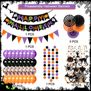 Fecedy Happy Halloween Banner Triangular bunting Paper flower fans Circle garland Latex balloons Swirls for Halloween Party decoration Indoor Outdoor Wall Door Decoration