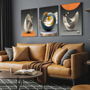 Set of 3 Canvas Wall Art, Modern Abstract Geometric Artwork for Living Room, Luxury Blue Gold and Orange Wall Decoration for Bedroom, Hallway or Staircase with Hooks and Magic Tape, 12x16 Inch
