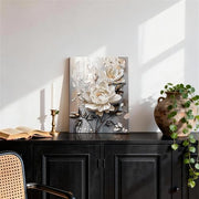 Wooden Framed Canvas Wall Art 3D White Floral Painting on Canvas Prints Poster Beige Gray Rose Blooming Flowers Pictures for Living Room Bedroom Dinning Room Hallway Wall Decoration 30x40cm