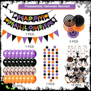 Fecedy Happy Halloween Banner Triangular bunting Paper flower fans Circle garland Latex balloons Swirls for Halloween Party decoration Indoor Outdoor Wall Door Decoration