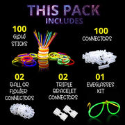 Glow Sticks 100 Pack with 100 Connectors( 205 Pcs Kit) Glow Glasses Kit-Ball and Triple Connectors-Glow in the Dark Party Supplies - Bracelets & Necklaces for Kids & Adults