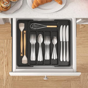 Lifewit Expandable Cutlery Drawer Organiser, 5-7 Compartments Utensil Tray | Adjustable Kitchen Drawer Dividers for Spoons Forks Knives, Plastic Storage Holder, 22-36 x 30cm, Small, Black