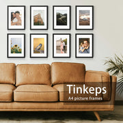 Tinkeps A4 Picture Frame, Black, 4 Pack | Engineered Wood and Plexiglass, A4 Frame with Mount for A5 Prints, Photos, and Posters, Tabletop and Wall Mountable