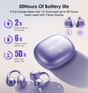 Kinglucky Clip-On Earbuds Gen 3, Open-Ear Wireless Bluetooth 6.0 Headphones with Mic, Secure Fit for Small Ears & Glasses Wearers, 50H Playtime, ENC, IPX5 Waterproof Sport Ear Buds (Purple)