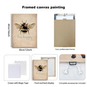 Framed Canvas Wall Art 12x16 Inch Bee Happy Inspirational Quote Artwork Rustic Bee Picture Modern Wall Canvas for Living Room Bedroom Hallway and Stairs Wall Decoration Prints with Hooks Magic Tape