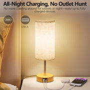 UPXNBOR Bedside Lamp, Touch Table Lamp for Bedroom, Living Room & Office | Desk Lamp with USB A+C Charging Ports, 3-Way Dimmable Touch Lamp, Warm Light, Linen Shade, 1.5 m Cable, E27 Incl., Wood Grain