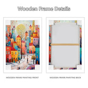 Wooden Framed Canvas Wall Art Colourful Town Painting on Canvas Prints Poster Artwork Fantasy House Trees Pictures for Living Room Bedroom Bathroom Dining Room Hallway Wall Decoration 30x40cm
