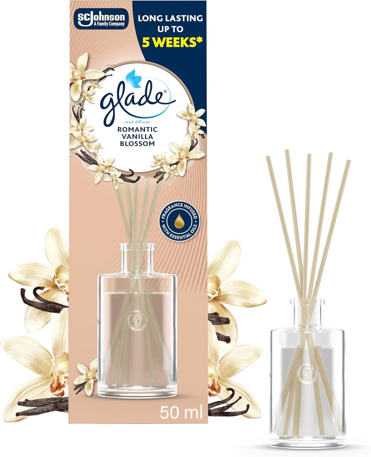 Glade Reed Diffuser, Romantic Vanilla Blossom, 50ml | Long-Lasting Home Fragrance, Continuous Room Air Freshener for Up to 5 Weeks, 1 Glass Diffuser & 5 Reed Sticks