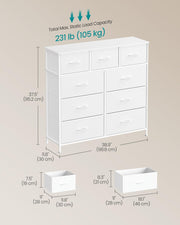 SONGMICS Chest of Drawers, 9 Drawers, Steel Storage Unit, Modern Basic | for Bedroom, Closet, Hallway, Living Room, Cloud White and Snow White, BELLAH Collection LGS324WH01