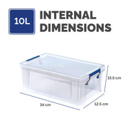 Bankers Box 4x 10L Plastic Storage Boxes with Lids. ProStore Super Strong Stackable Plastic Storage Boxes (14 x 34 x 21.5cm), Made in the UK, Clear