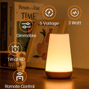 Ledivion Night Light, LED Touch Bedside Table Lamp, RGB Colours Changing, 5 Brightness Level, Timing Function, Dimmable Rechargable Remote Control Light for Bedroom, Living Room