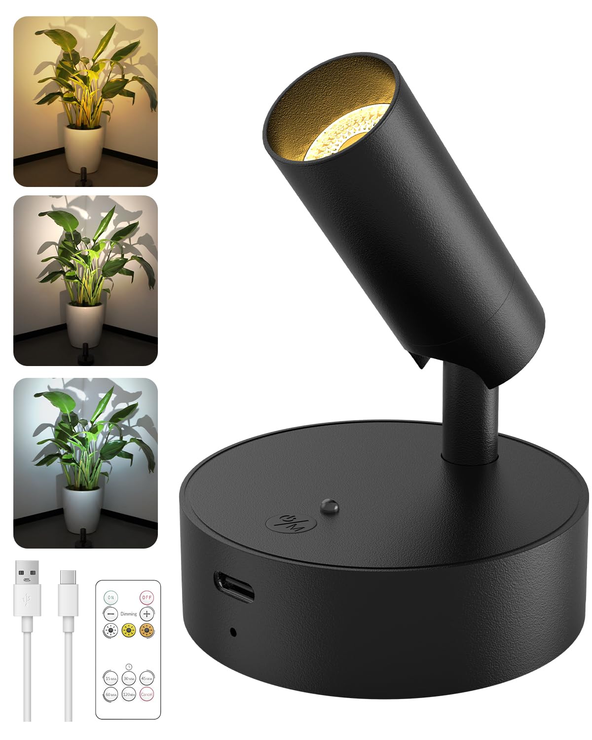 GOODEA Battery Operated Spot Light Indoor with Remote, Up to 30 Days, 3 CCT | 360° Rotable, Dimmable Rechargeable Picture Light for Wall, Tree Spotlight Indoor, Uplighting Stick on Wall for Plant Artwork