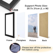 A4 Picture Frame Black, Wooden Photo Frame with Perspex 21x29.7cm, Black | Versatile, Safe Perspex Front, Wall Hanging Hooks, Landscape or Portrait Orientation, Wall-Mount & Desk Stand