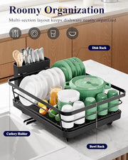Kitsure Space-Saving Dish Drainer Rack with a Cutlery Holder, Large, Black | Rust-Resistant Dish Racks for Kitchen Counter, Automatic Drainage Draining Board Rack, Bowl And Utensil Storage