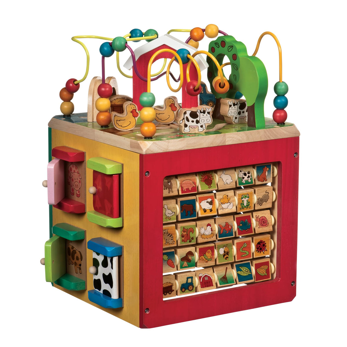 Battat Wooden Activity Cube - 5-Sided Play Center with Bead Maze, Doors | Farm-themed with bead maze, peekaboo doors, spinners, zig-zag race and mix-and-match animals, 1+ Years