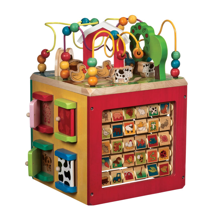 Battat Wooden Activity Cube - 5-Sided Play Center with Bead Maze, Doors | Farm-themed with bead maze, peekaboo doors, spinners, zig-zag race and mix-and-match animals, 1+ Years