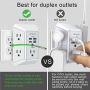 Wall Charger, Surge Protector, QINLIANF 5 Outlet Extender with 4 USB Ports | 1680 Joules, 3-Sided Power Strip, Multi Plug Wall Outlet Adapter Spaced for Home Travel Office, White