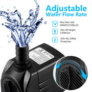 CWKJ 400GPH Submersible Fountain Water Pump for Pond Aquarium Hydroponics | 25W ,1500L/H , Ultra Quiet Water Pump with 6.56ft High Lift, 6.5ft Power Cord, 3 Nozzles for Pool, Water feature