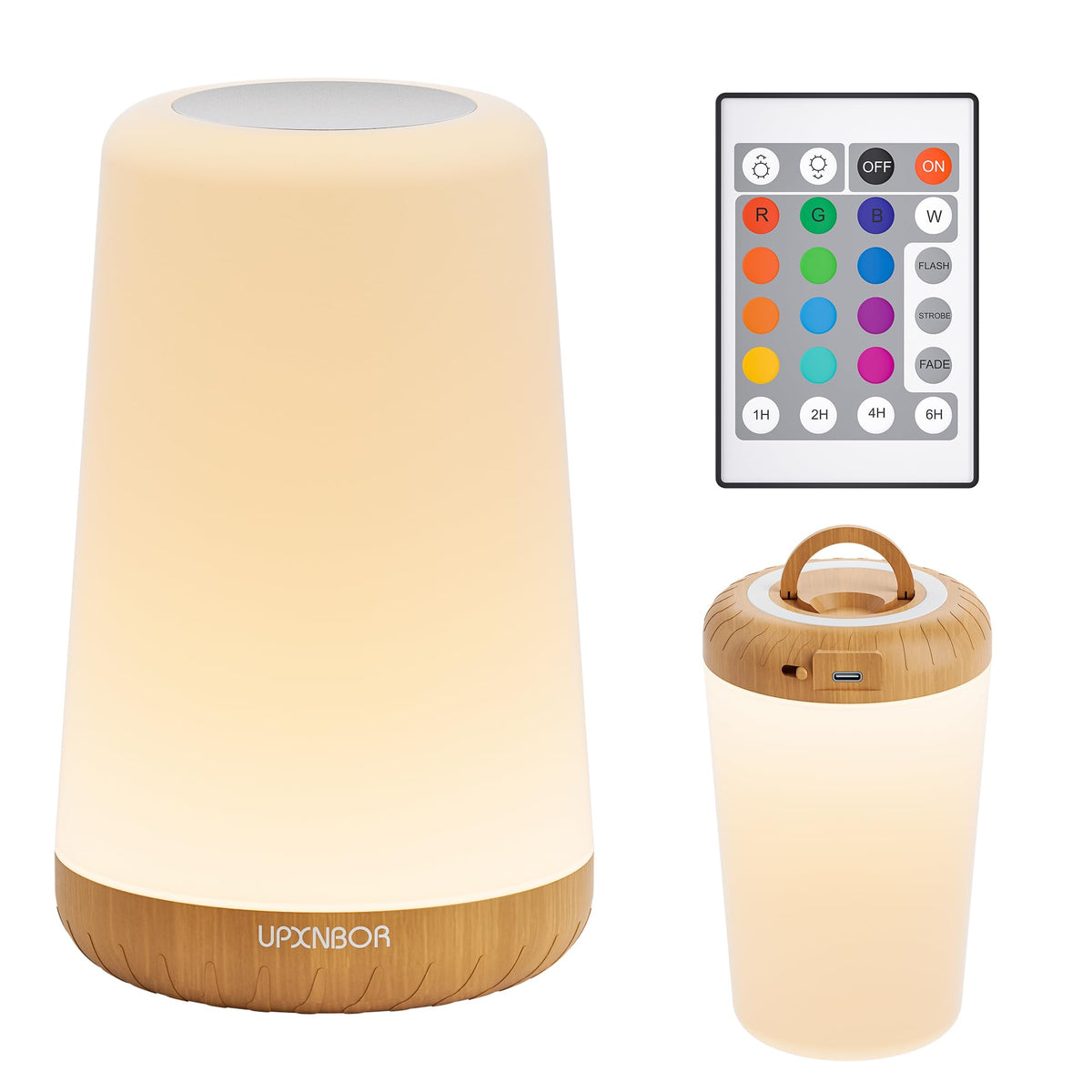 UPXNBOR Night Light, LED Touch Bedside Lamp for Bedroom, Living Room & Kids | Table Lamp with Remote Control, Dimmable Light, 13 RGB Colours and 5 Brightness Levels, Timer, Hook, USB Rechargeable,1 Pack