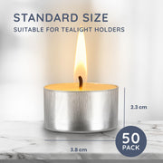 CUQOO Tea Lights Candles 50 Pack | 8 Hour Burn Unscented Tealights White | SMOKELESS WAX BURNER: long lasting · t lights · vegan · cotton wick · wedding decor · spa · religious