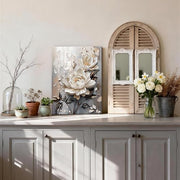 Wooden Framed Canvas Wall Art 3D White Floral Painting on Canvas Prints Poster Beige Gray Rose Blooming Flowers Pictures for Living Room Bedroom Dinning Room Hallway Wall Decoration 30x40cm