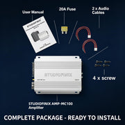 STUDIOFINIX 4-Channel Marine Amplifier, 500W Peak Class AB Audio Amp, IP-01 Waterproof Marine Grade, Dual RCA & High-Level Inputs, Dual MOSFET Power Supply for Boats, ATVs, RVs, Motorcycles（White）