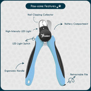 Candure LED Dog Nail Clippers with Light - Pet Nail Clippers with Light for Dogs & Cats, Sharp Stainless Steel Blades for Thick Nails, Safe Grooming Trimmer with Nail File (Sky Blue)