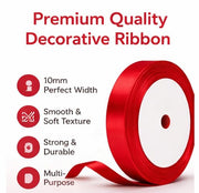 XEANCO 10mm Red Satin Ribbon, Polyester Ribbon, Enhance Your Crafts & Celebrations, Best for Gift Wrapping, Decorations, Wedding Car Ribbon, Ribbons for Crafting & Bows
