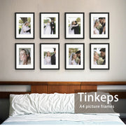 Tinkeps A4 Picture Frame, Black, 4 Pack | Engineered Wood and Plexiglass, A4 Frame with Mount for A5 Prints, Photos, and Posters, Tabletop and Wall Mountable