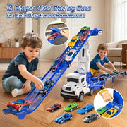 Transport Truck Toys for 3 4 5 6 7 Years Old Boys,Toys Cars Track Set Transporter Trucks with 12 Die-Cast Car Toys 2 Race catapults Dual-Track Model,Toddler Car Toy Set for Kids Boys Girls