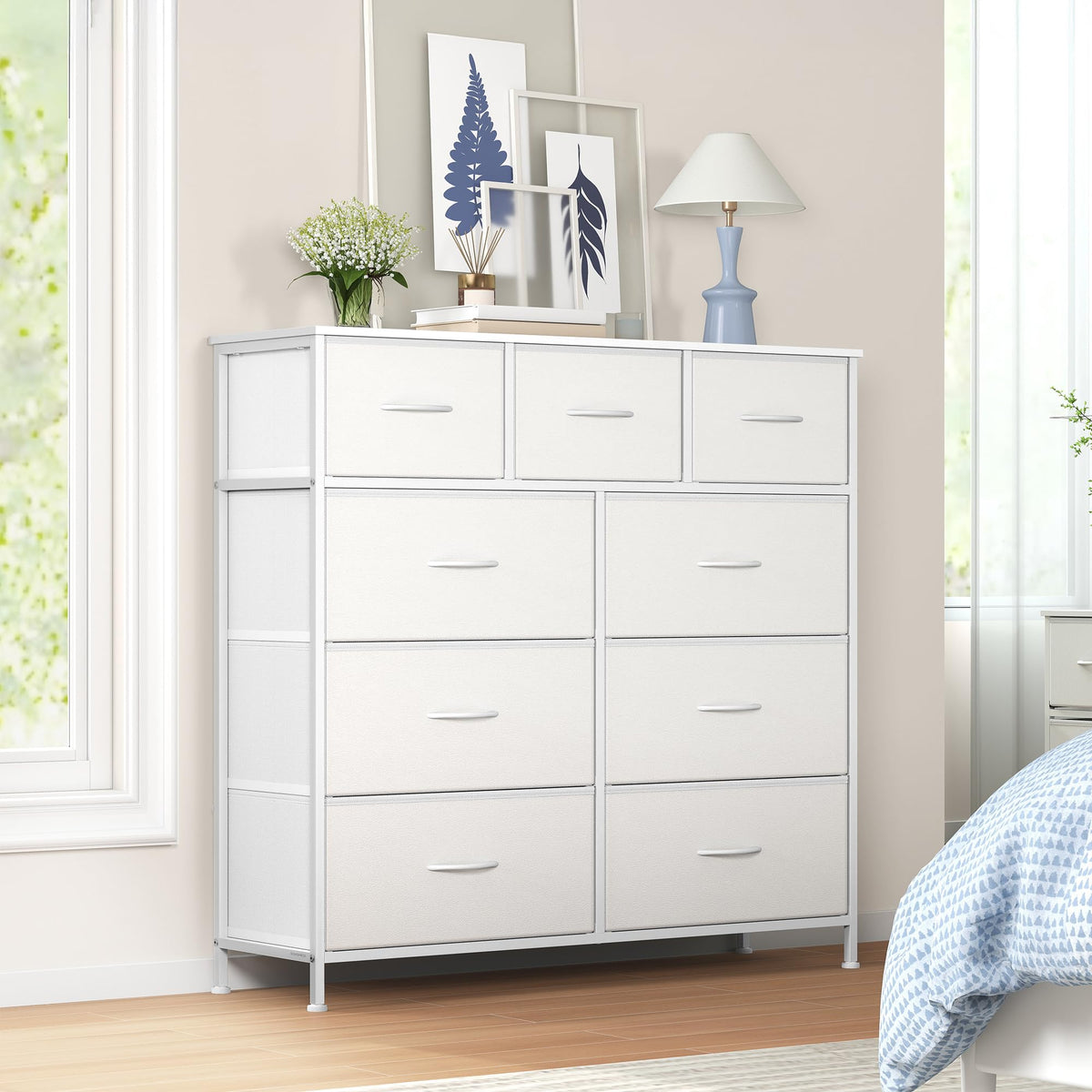 SONGMICS Chest of Drawers, 9 Drawers, Steel Storage Unit, Modern Basic | for Bedroom, Closet, Hallway, Living Room, Cloud White and Snow White, BELLAH Collection LGS324WH01