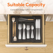 Lifewit Expandable Cutlery Drawer Organiser, 5-7 Compartments Utensil Tray | Adjustable Kitchen Drawer Dividers for Spoons Forks Knives, Plastic Storage Holder, 22-36 x 30cm, Small, Black